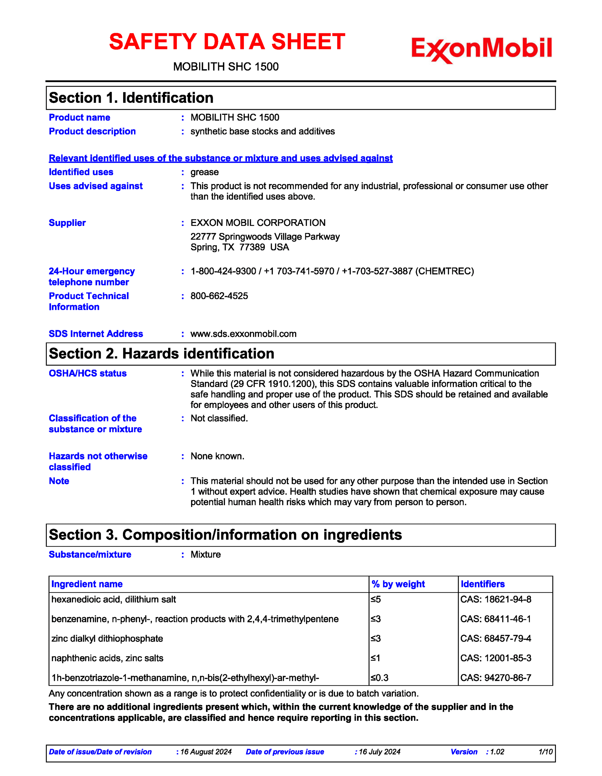 mobilith shc 1500 safety data sheet