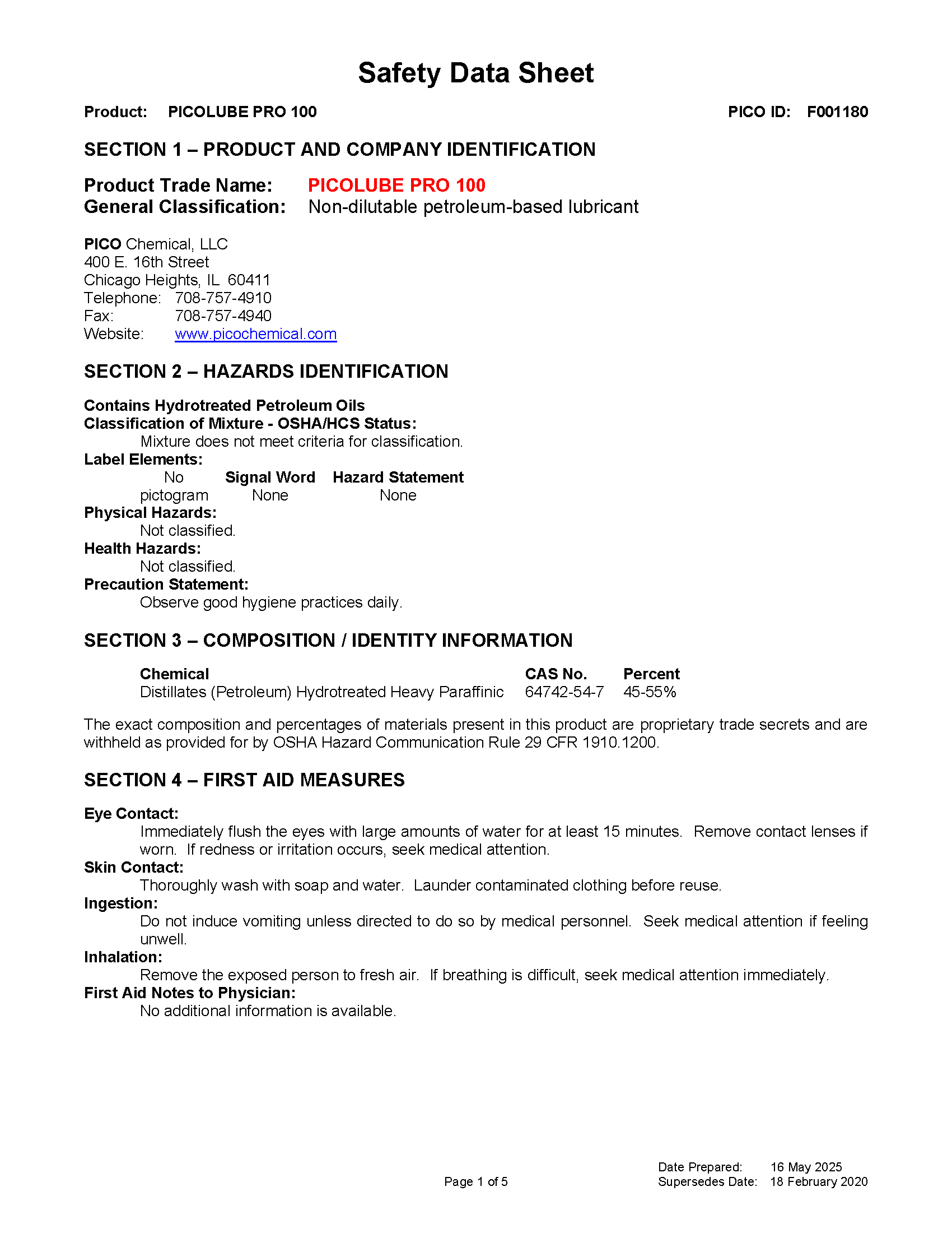 pico chemical picolube pro 100 sds page 1